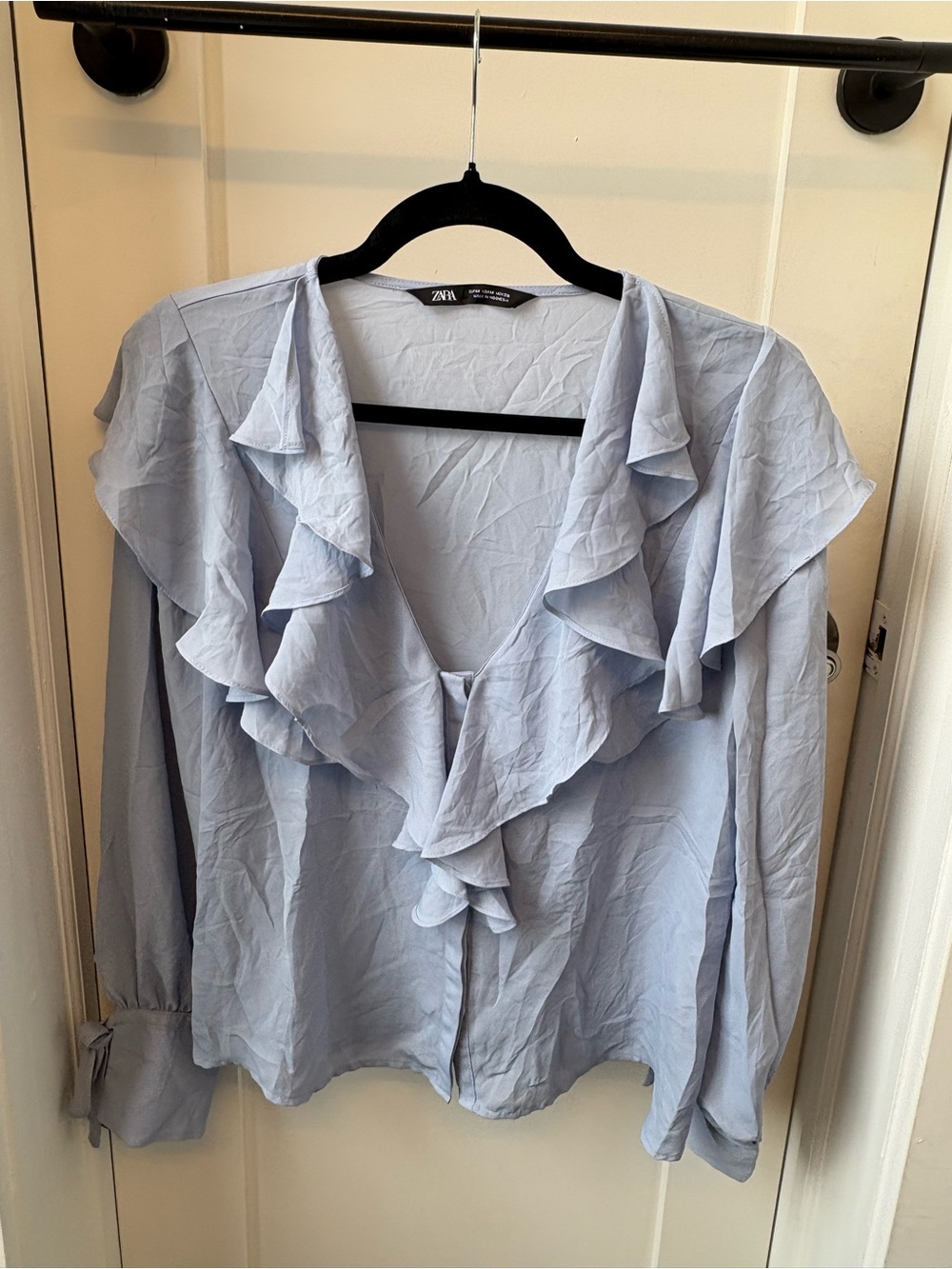 Zara Pale Blue Ruffle V-Neck Blouse
